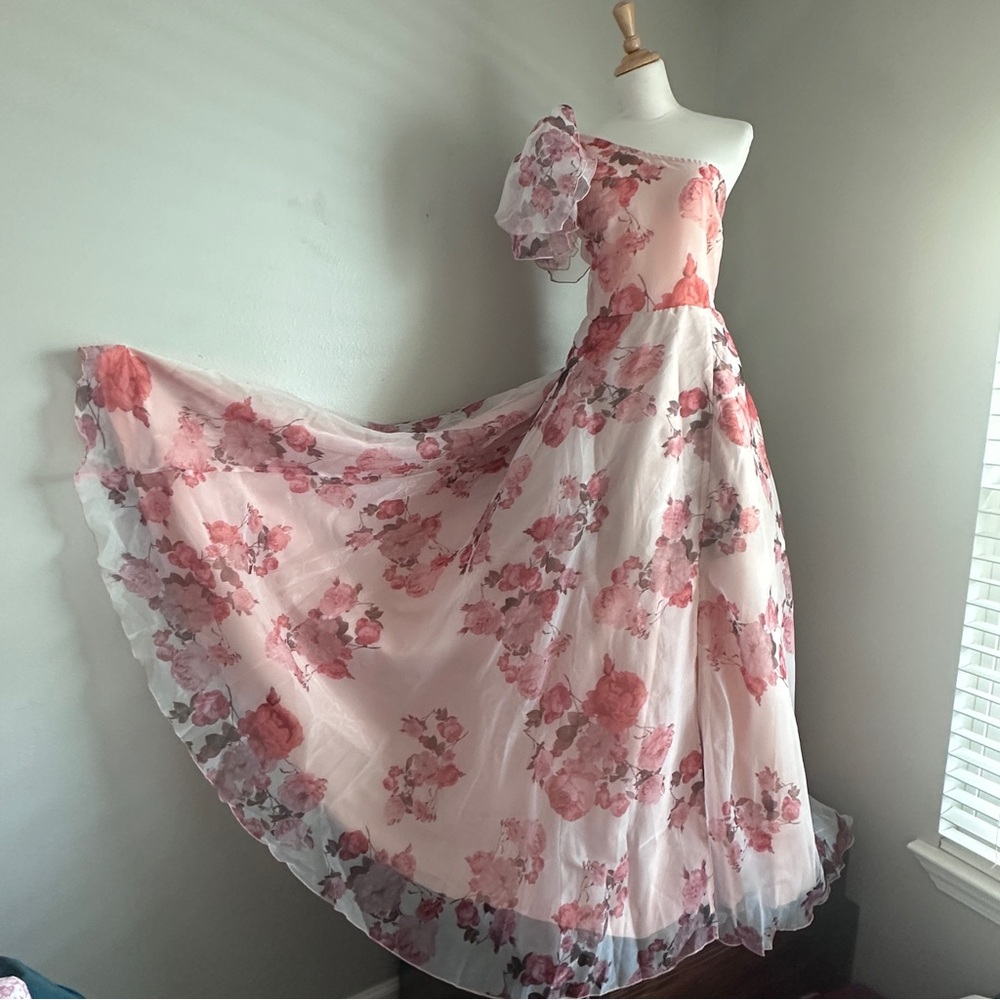 One Shoulder Peach Floral Organza Gown Romantic Spring Formal Dress XXL 14 16